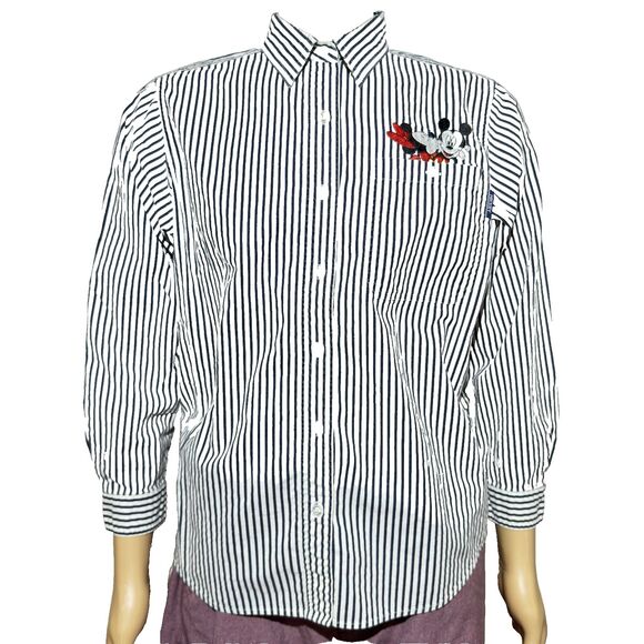 Mickey Unlimited Tops - Vtg Mickey Unlimited Disney Stripe Denim Shirt Women’s Medium Button Up EUC